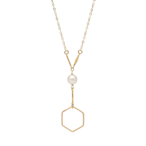 Hexagon with Freshwater Pearl Gold Lariat Necklace