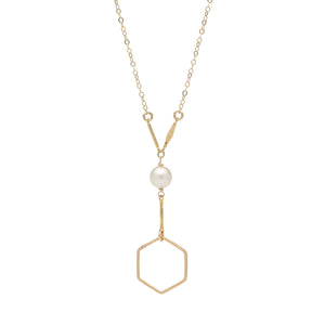 Hexagon with Freshwater Pearl Gold Lariat Necklace