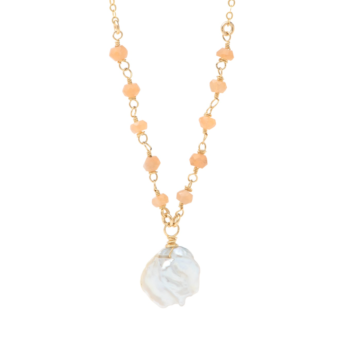 Pink Moonstone and Biwa Pearl Necklace