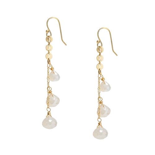 Triple Drop Moonstone/Labradorite Earrings with gold mini discs