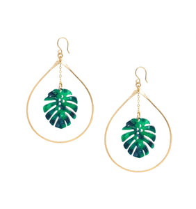 Tropical Monstera Palm Leaf gold Hoop Earrings
