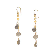 Load image into Gallery viewer, Triple Drop Moonstone/Labradorite Earrings with gold mini discs